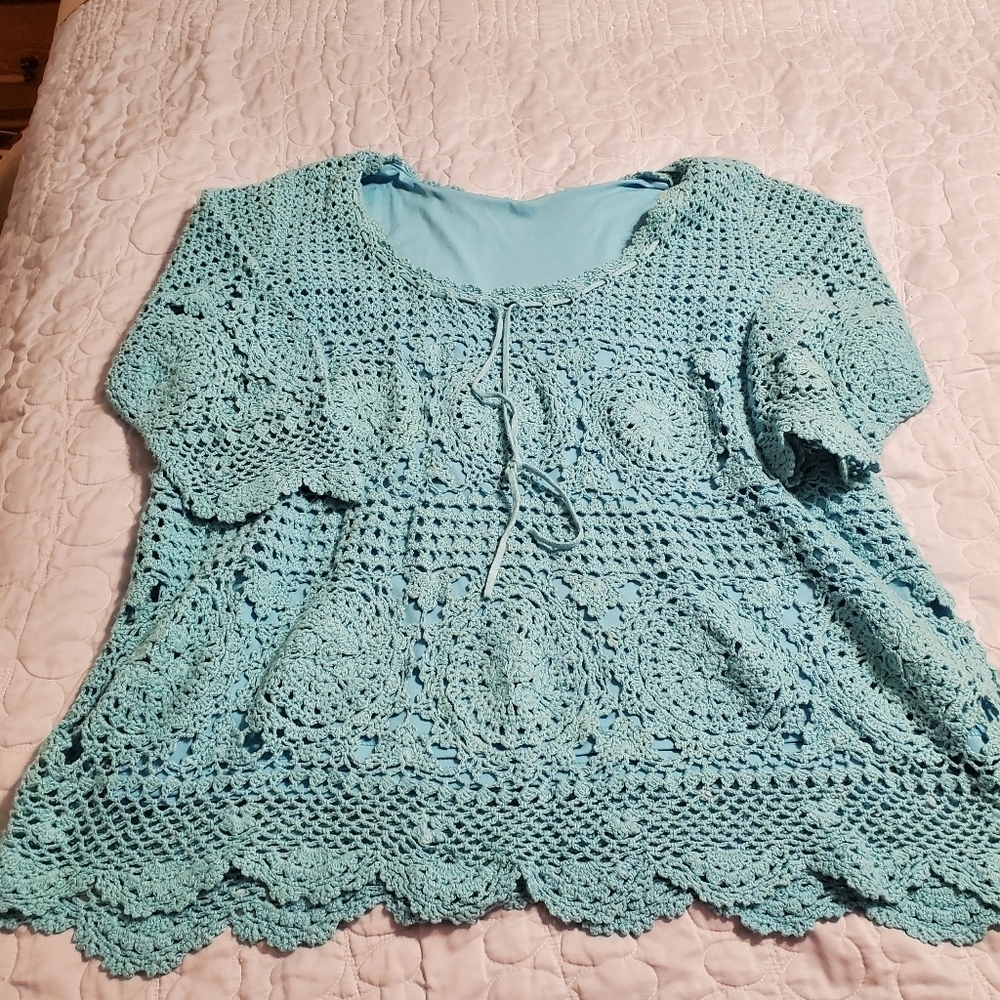 Roamans Aqua Crochet Top - Picture 6 of 12